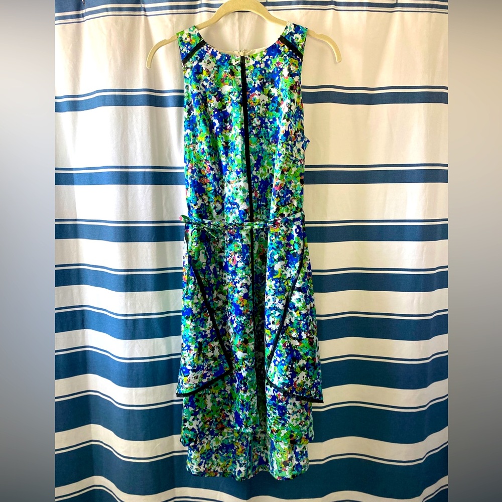 Abstract Floral Ann Taylor Sleeveless Dress with Black Trim